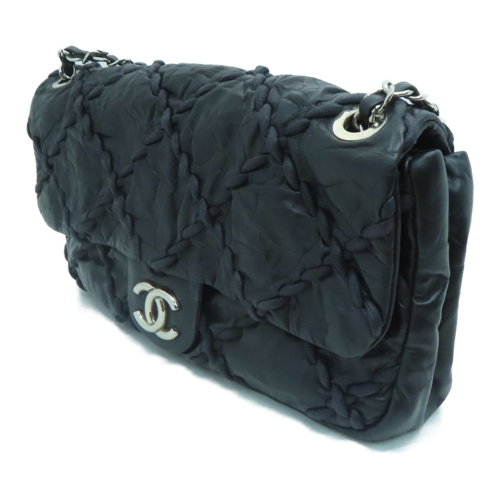 CHANEL 菱格牛皮皮革Chain Shoulder Bag銀扣肩背袋黑色