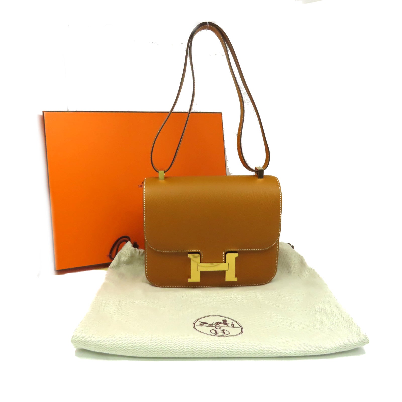 HERMES Epsom皮革Constance 24 Shoulder Bag金扣肩背袋Toffee太妃糖色