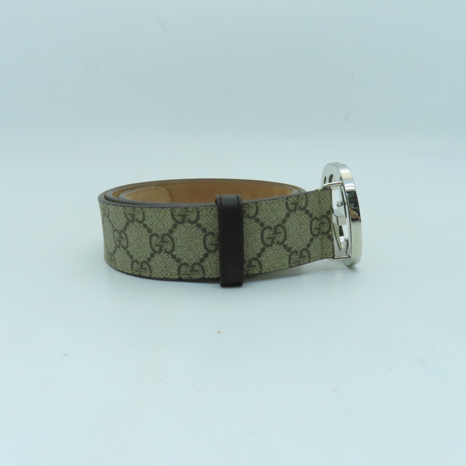 GUCCI 帆布GG Supreme Belt 90cm銀扣皮帶棕色