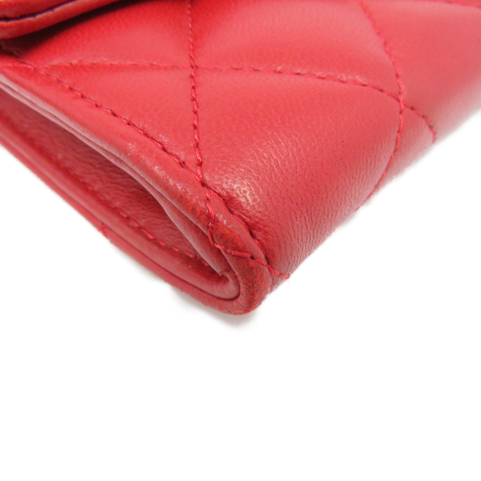 CHANEL rhombus sheepskin leather Long Wallet silver buckle long wallet red