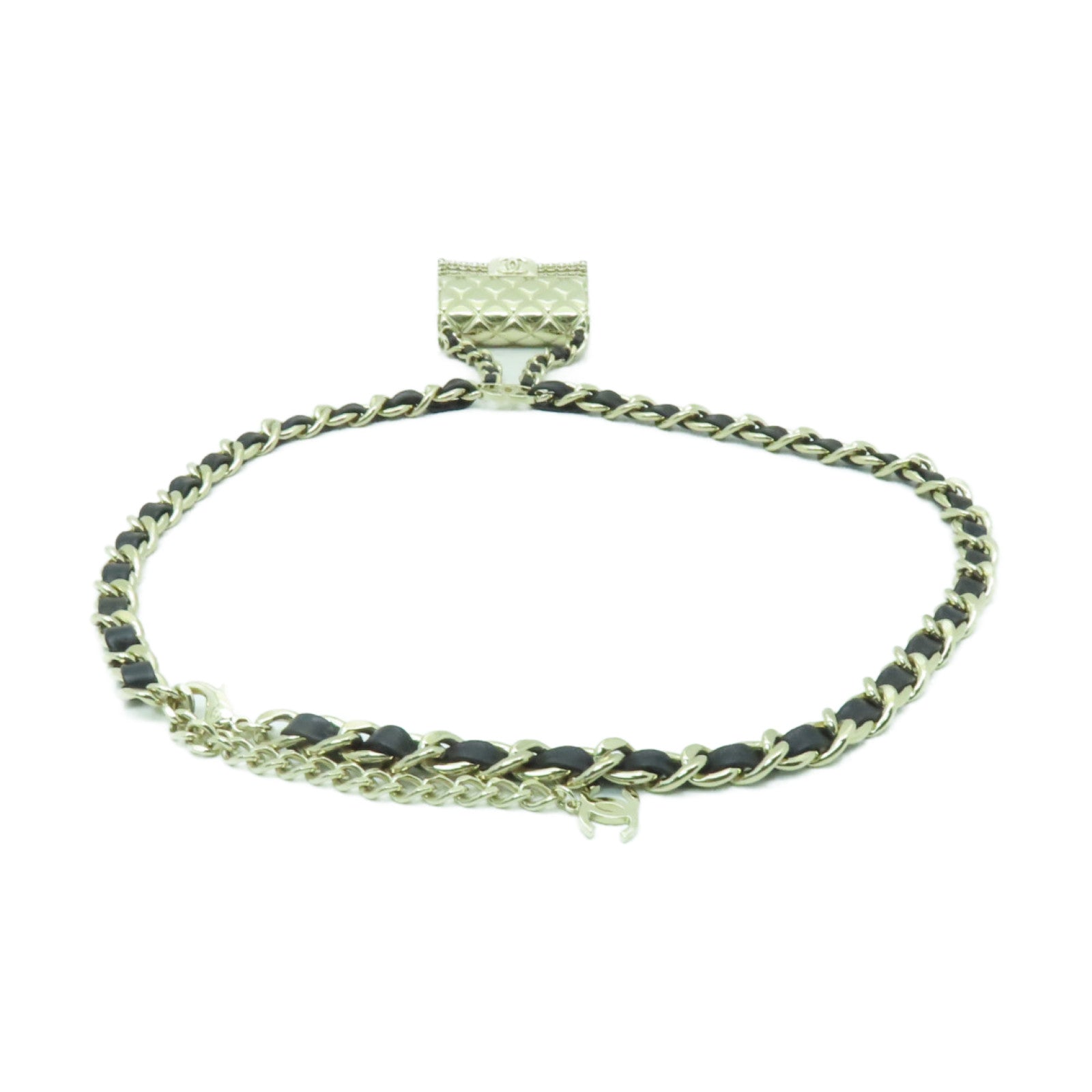 CHANEL 金屬/皮革Belt金扣皮帶黒色/金色