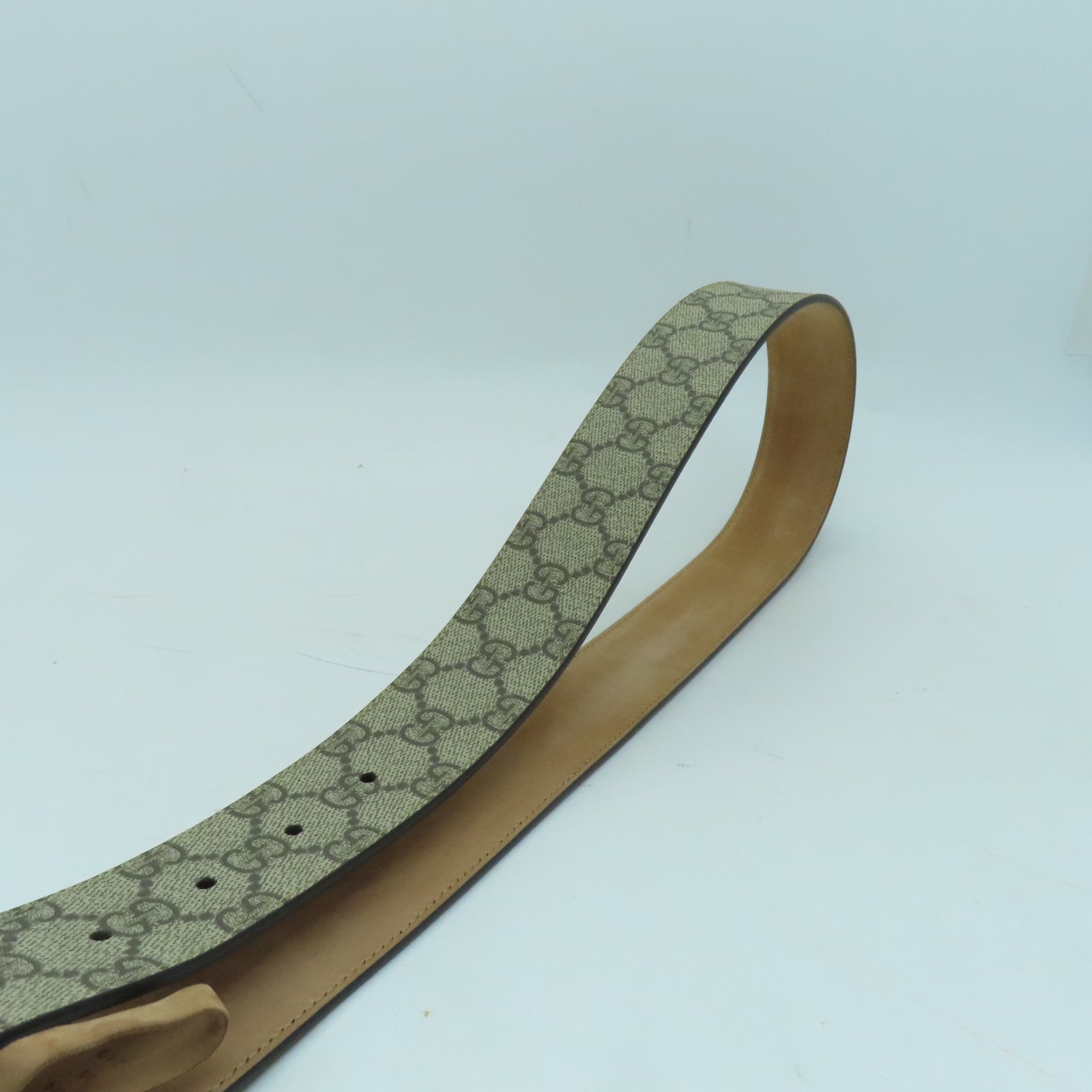 GUCCI 帆布GG Supreme Belt 90cm銀扣皮帶棕色