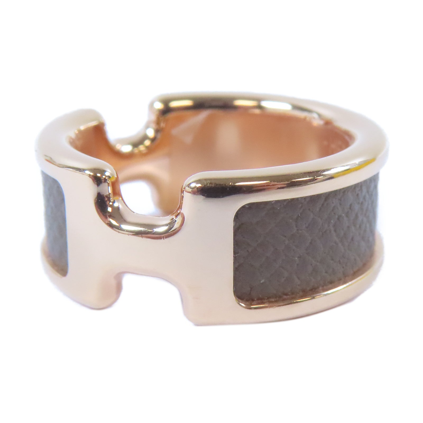 HERMES 金屬/皮革Olympe Ring M戒指金色/大象灰色US#6.5