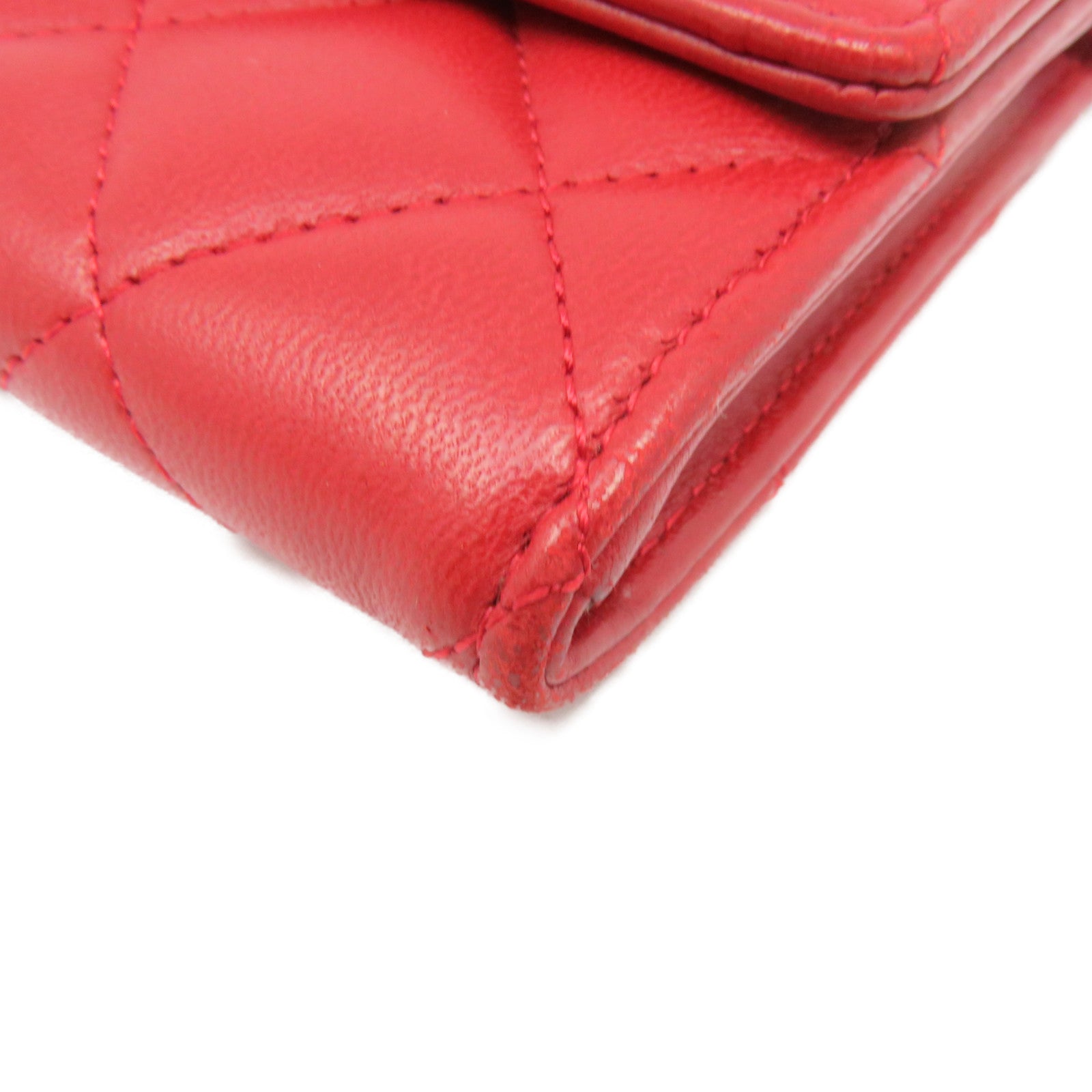 CHANEL rhombus sheepskin leather Long Wallet silver buckle long wallet red