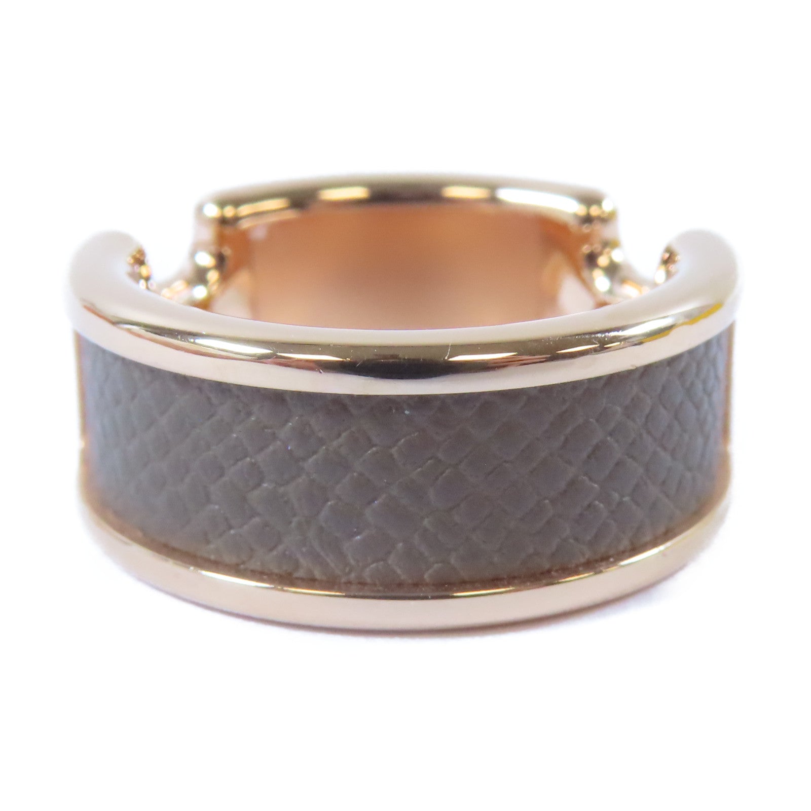 HERMES 金屬/皮革Olympe Ring M戒指金色/大象灰色US#6.5
