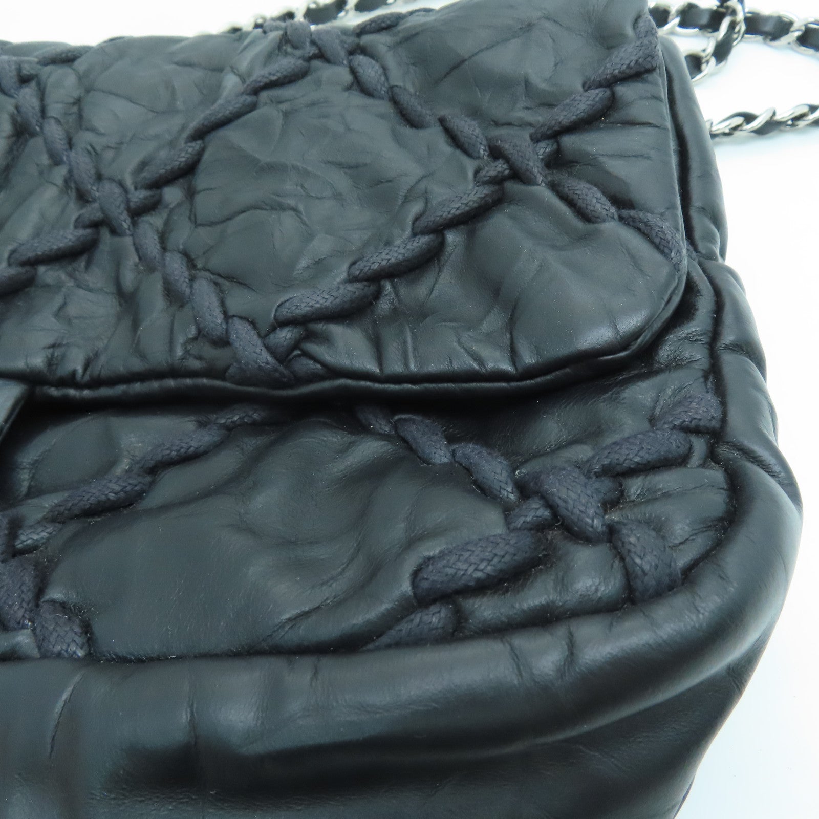 CHANEL 菱格牛皮皮革Chain Shoulder Bag銀扣肩背袋黑色