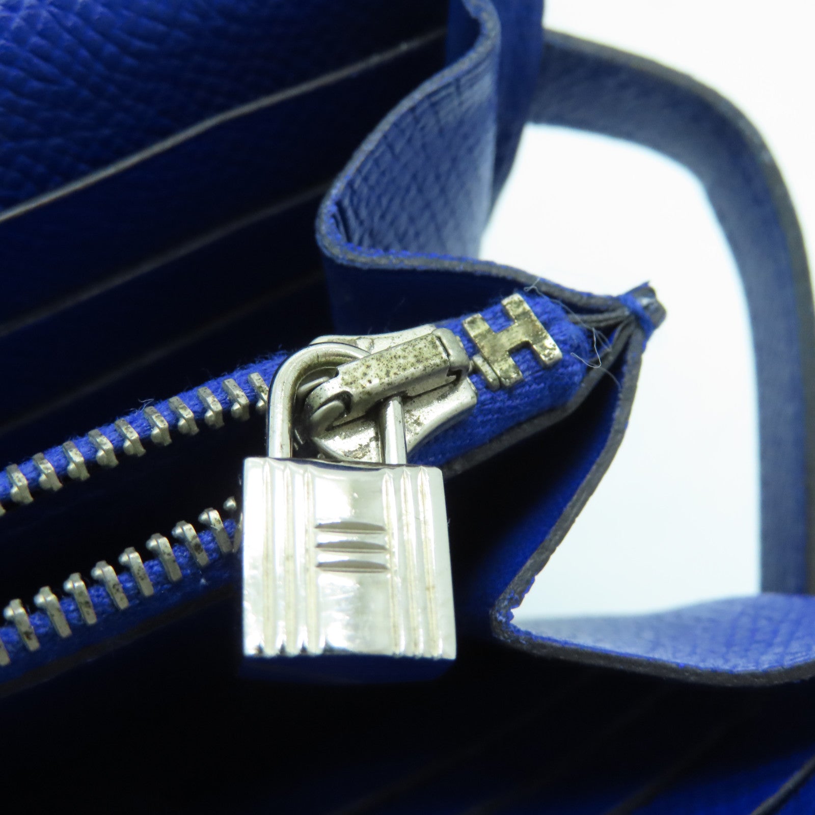HERMES Epsom Leather Kelly Wallet Silver Buckle Long Wallet Electric Blue