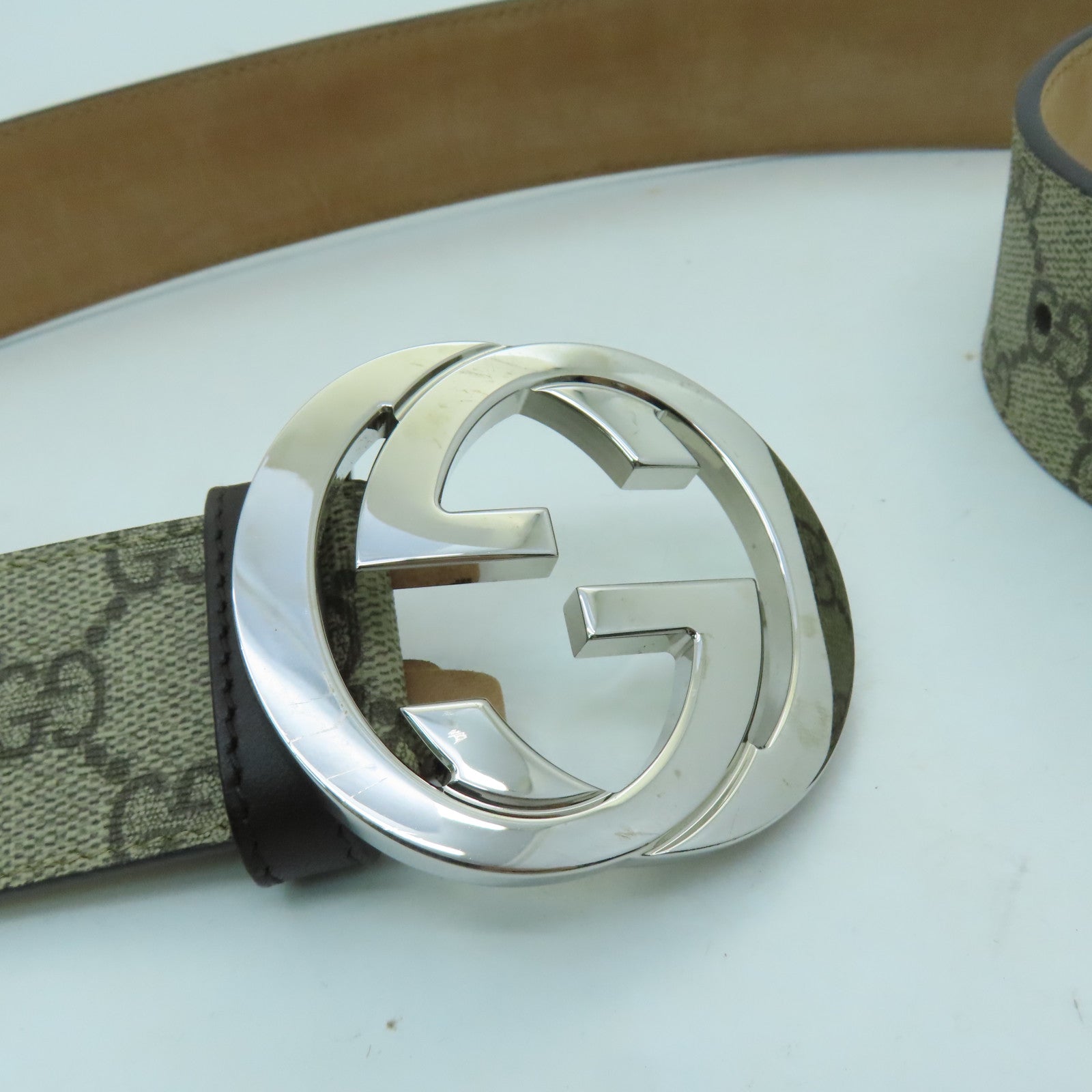 GUCCI 帆布GG Supreme Belt 90cm銀扣皮帶棕色