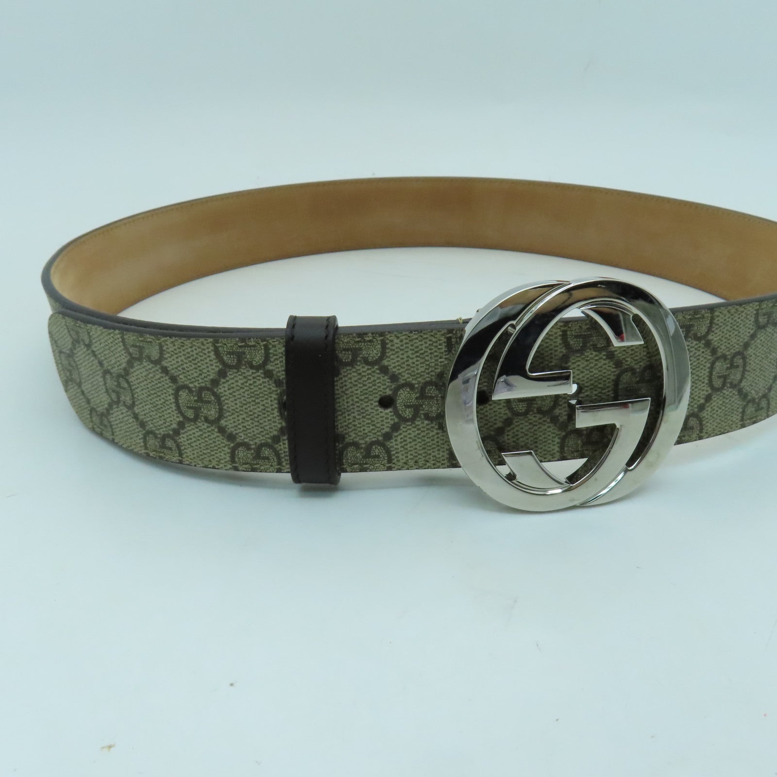 GUCCI 帆布GG Supreme Belt 90cm銀扣皮帶棕色