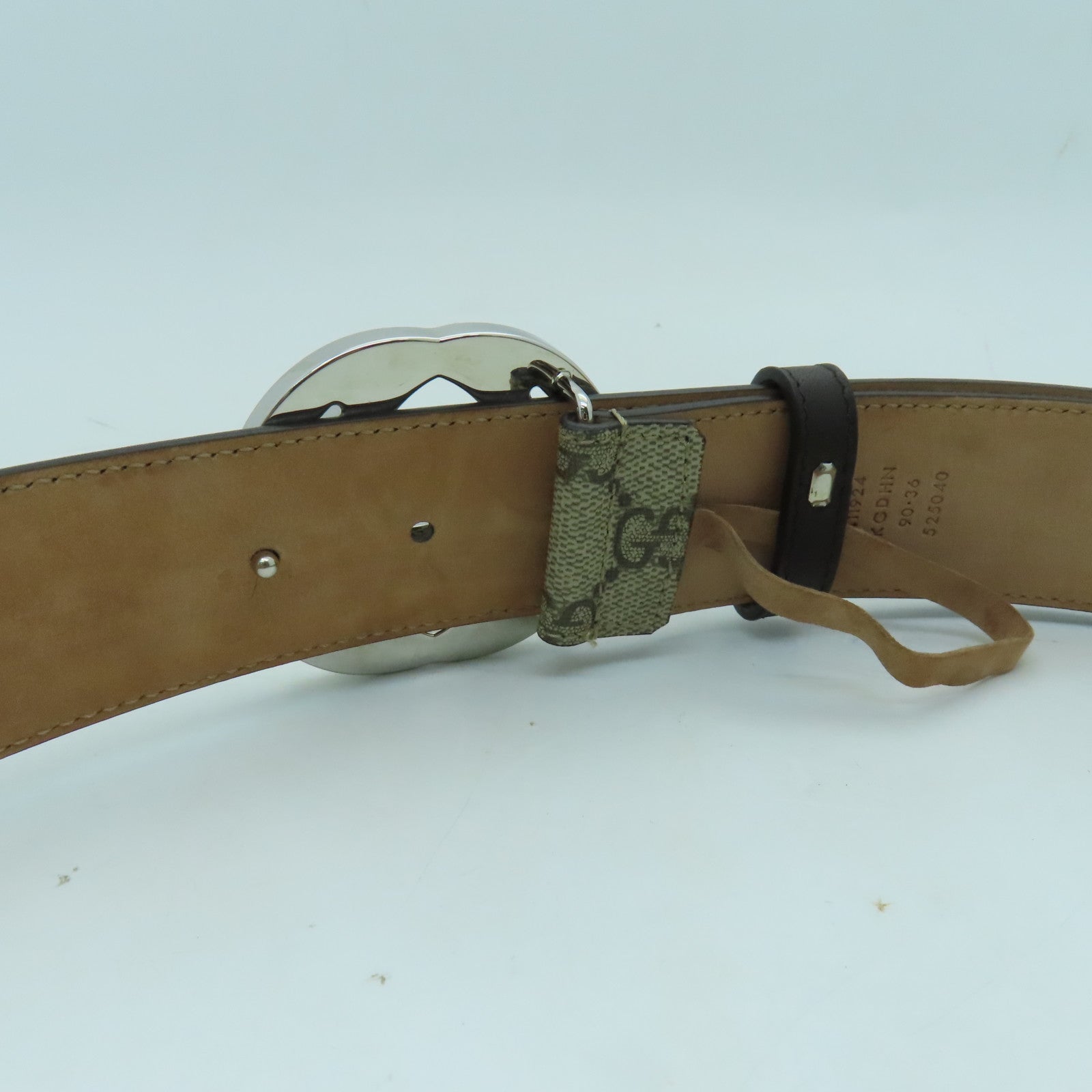 GUCCI 帆布GG Supreme Belt 90cm銀扣皮帶棕色