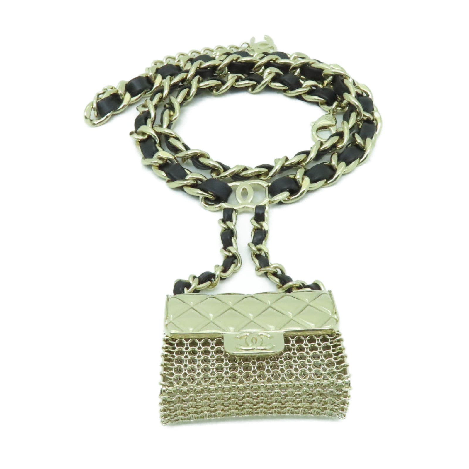 CHANEL 金屬/皮革Belt金扣皮帶黒色/金色