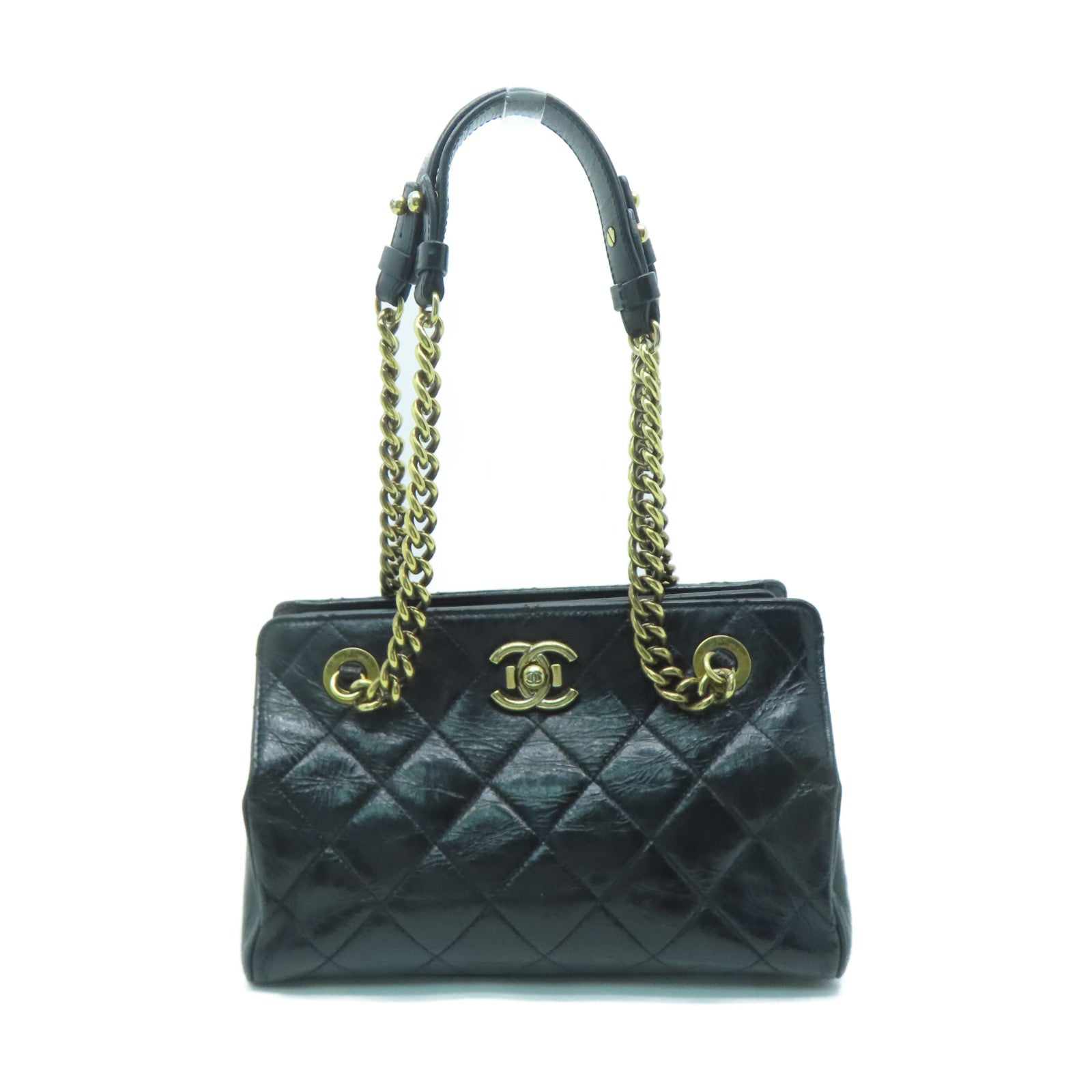 CHANEL 菱格牛皮皮革Chain Shoulder金扣鏈帶肩背袋黑色