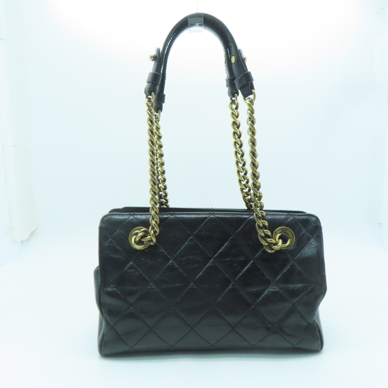 CHANEL 菱格牛皮皮革Chain Shoulder金扣鏈帶肩背袋黑色
