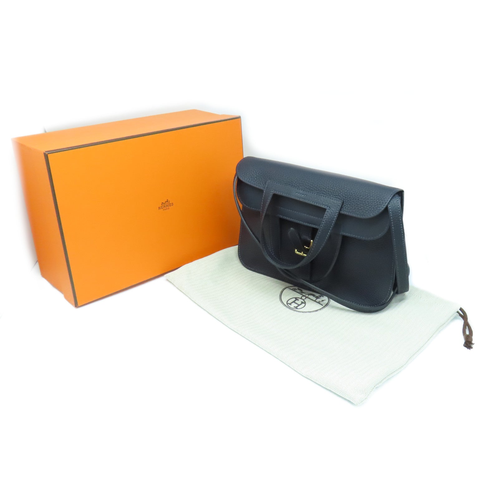 HERMES Clemence Leather Halzan 25 Gold Buckle Handle Shoulder Bag Blue