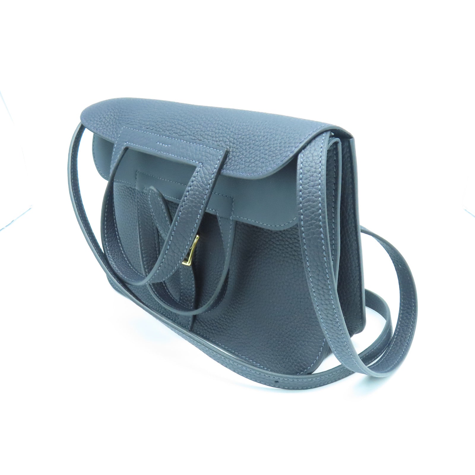 HERMES Clemence Leather Halzan 25 Gold Buckle Handle Shoulder Bag Blue