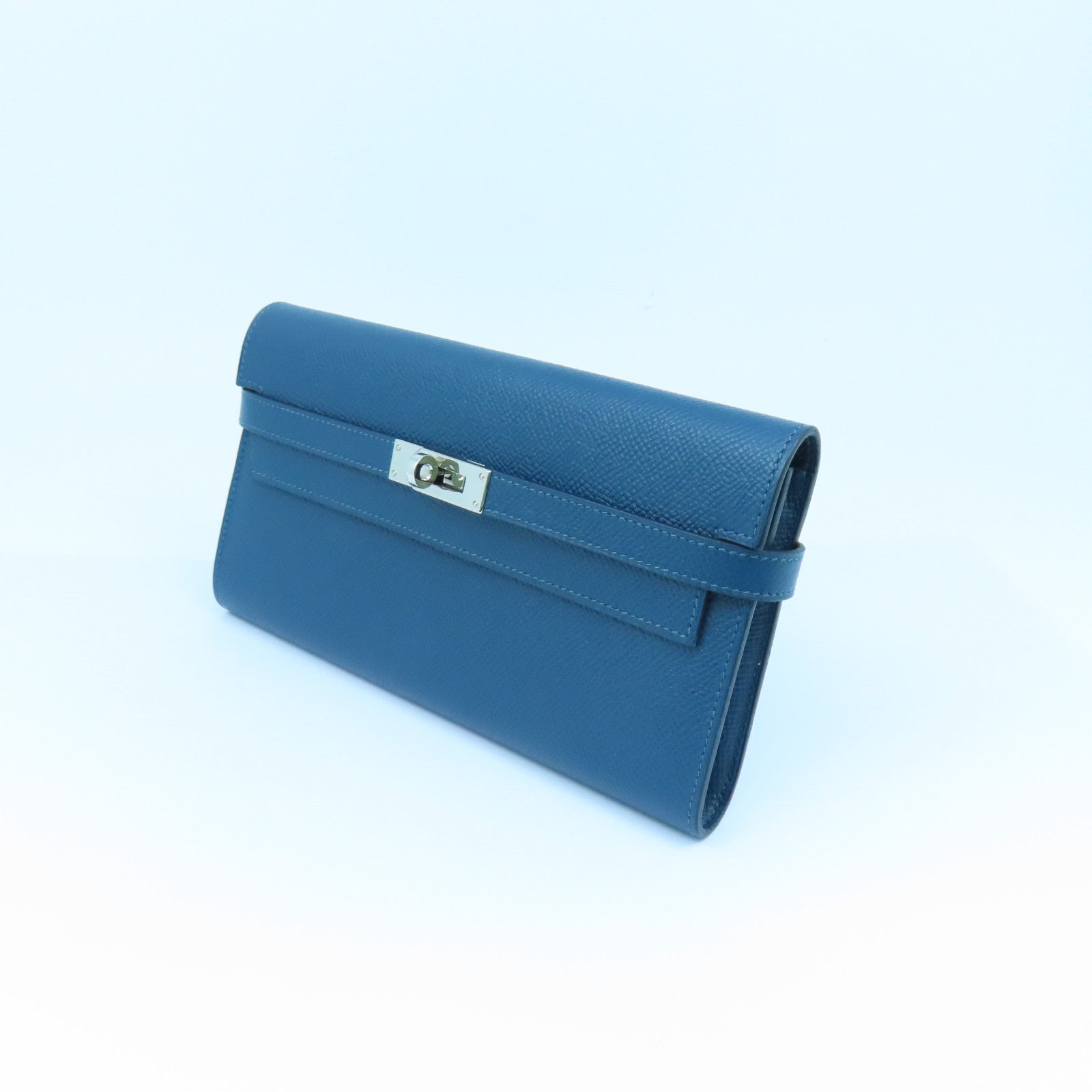 HERMES Epsom皮革Kelly Wallet银扣长钱包Colvert蓝色