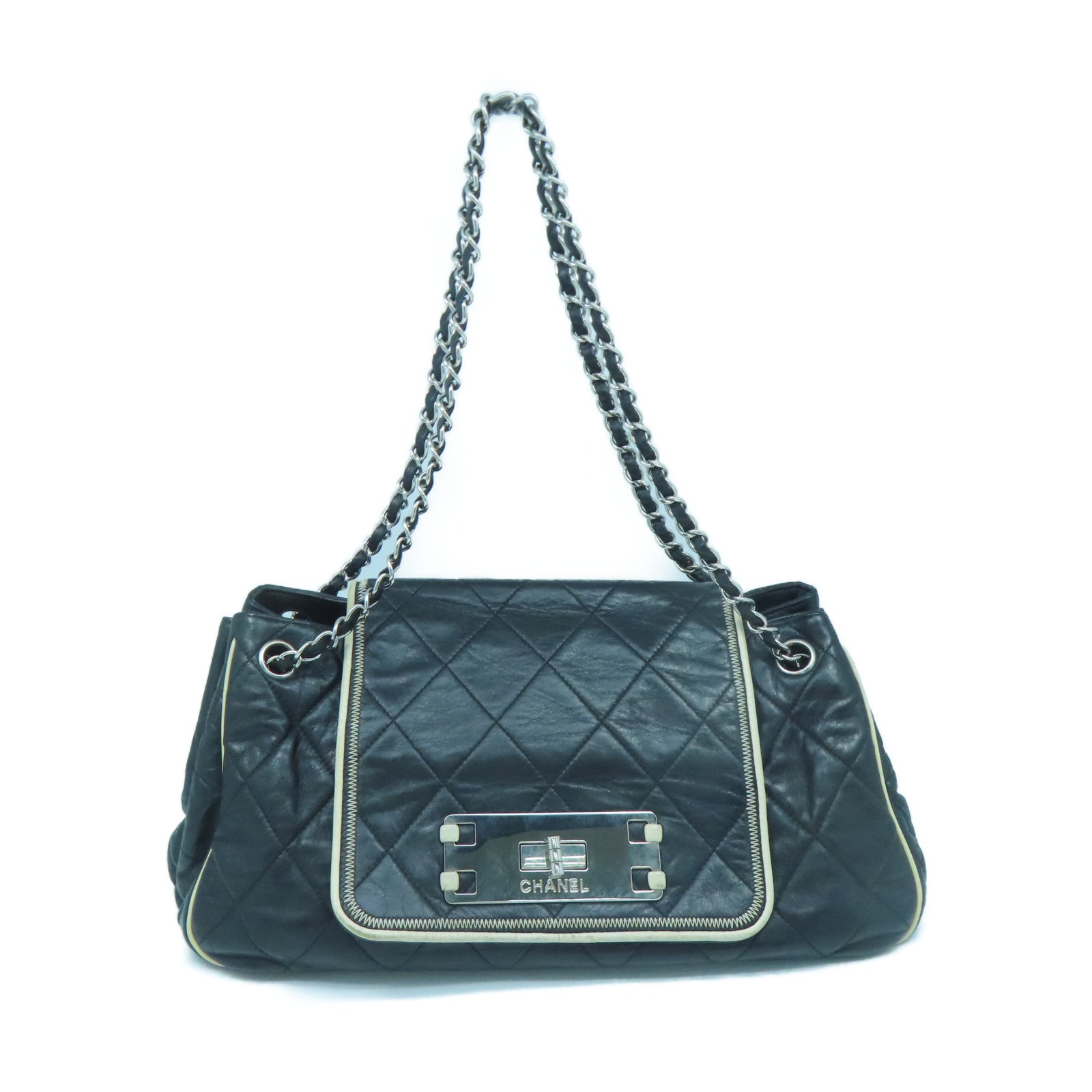 CHANEL 菱格羊皮皮革Chain Shoulder Bag銀扣鏈帶肩背袋黑色