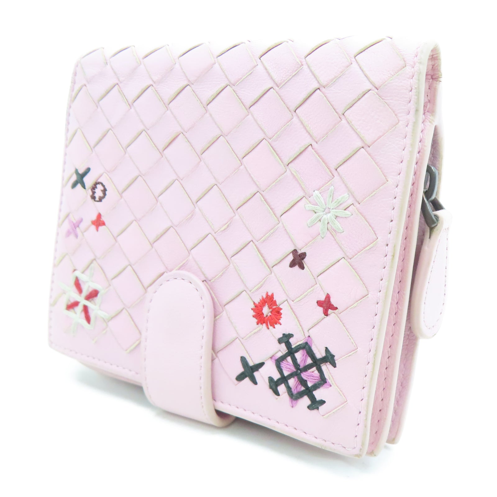 BOTTEGA VENETA Sheepskin Leather Wallet Silver Buckle Pink