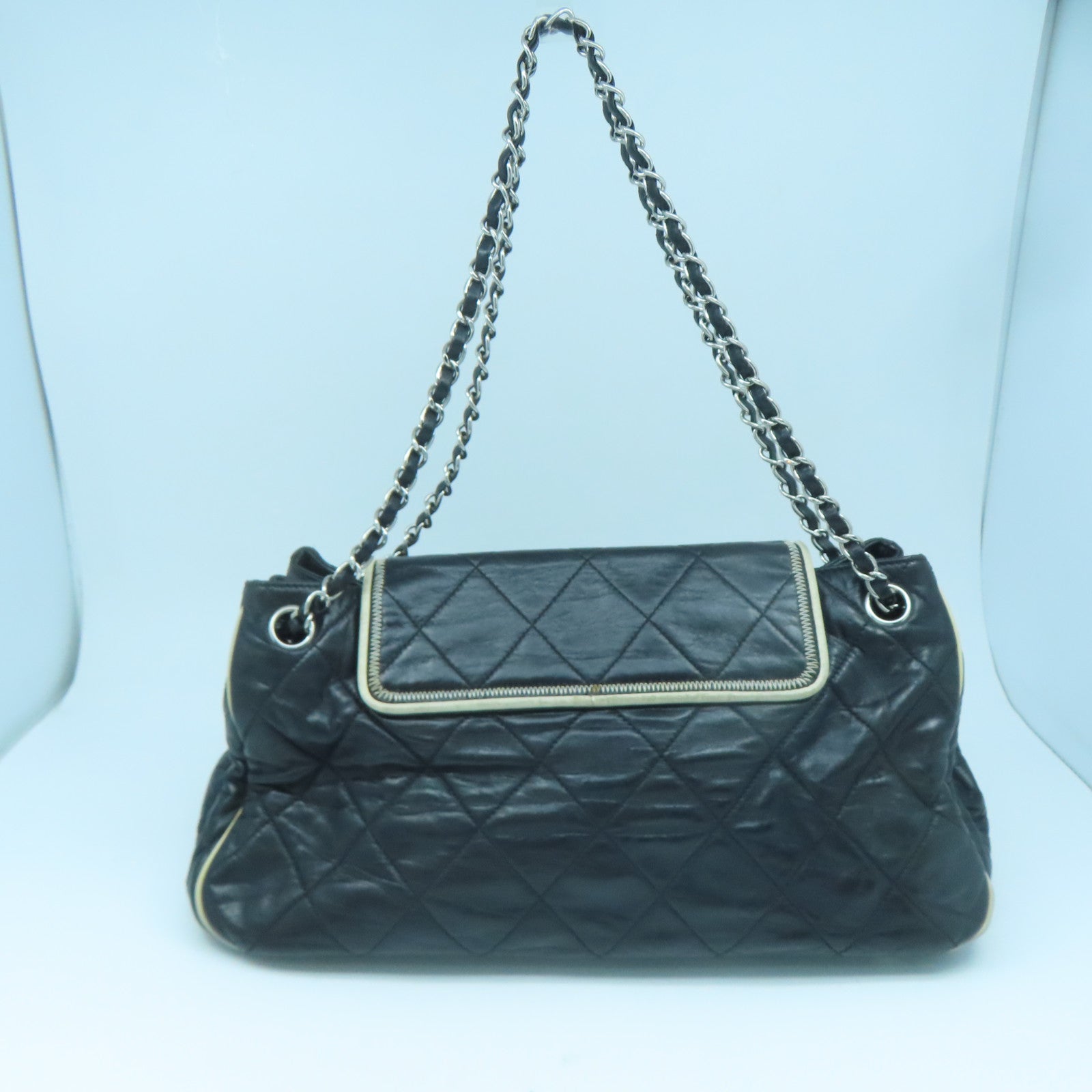 CHANEL 菱格羊皮皮革Chain Shoulder Bag銀扣鏈帶肩背袋黑色