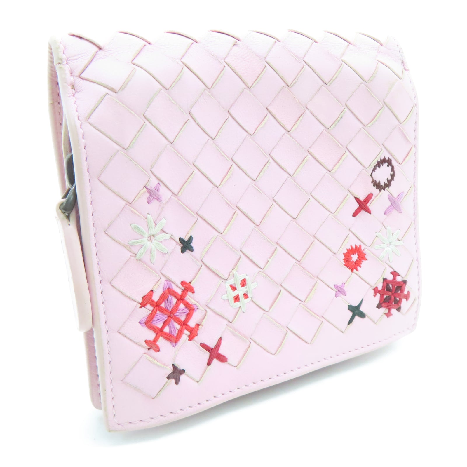 BOTTEGA VENETA Sheepskin Leather Wallet Silver Buckle Pink