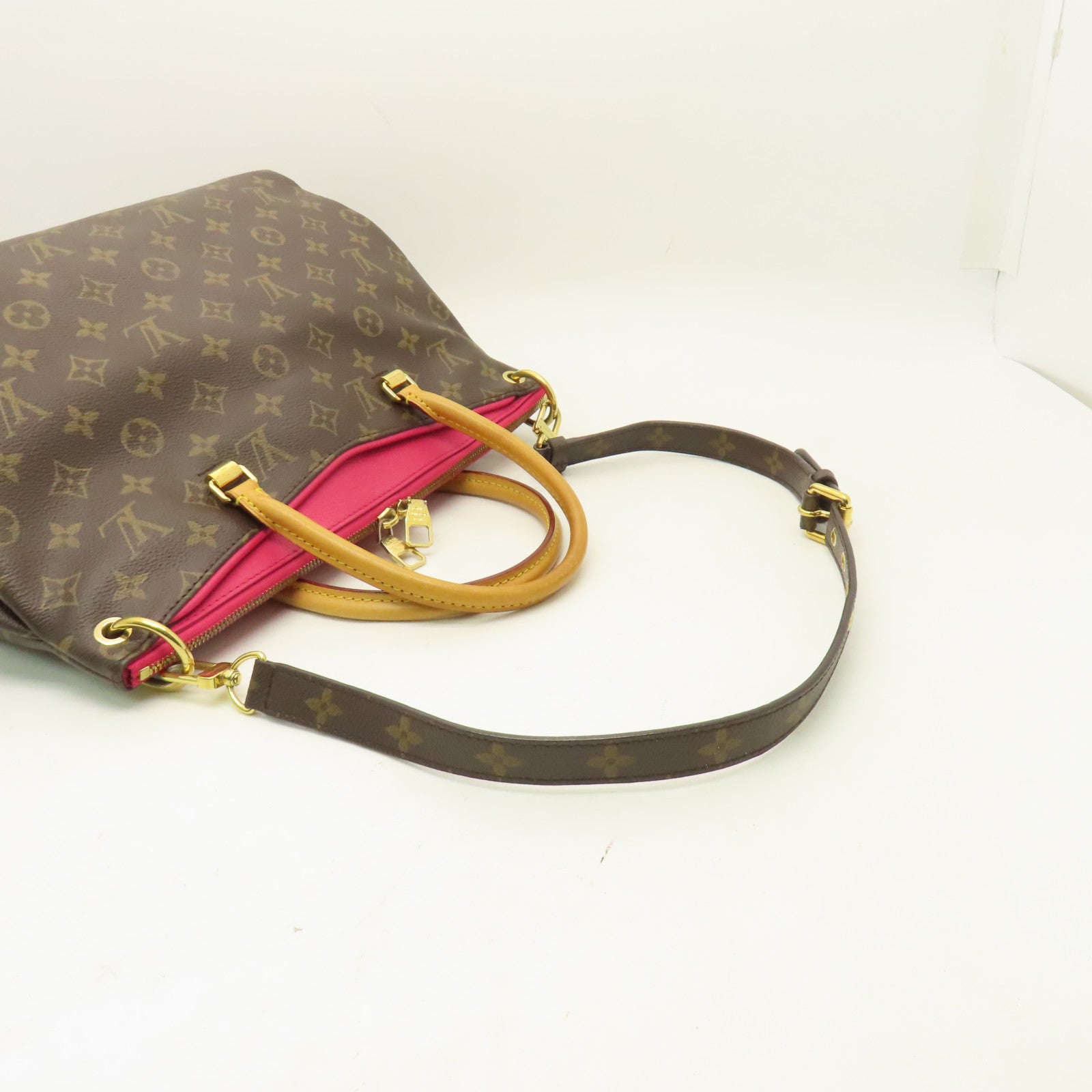 LOUIS VUITTON Monogram Pallas MM金扣手挽肩背兩用袋粉紅色/棕色
