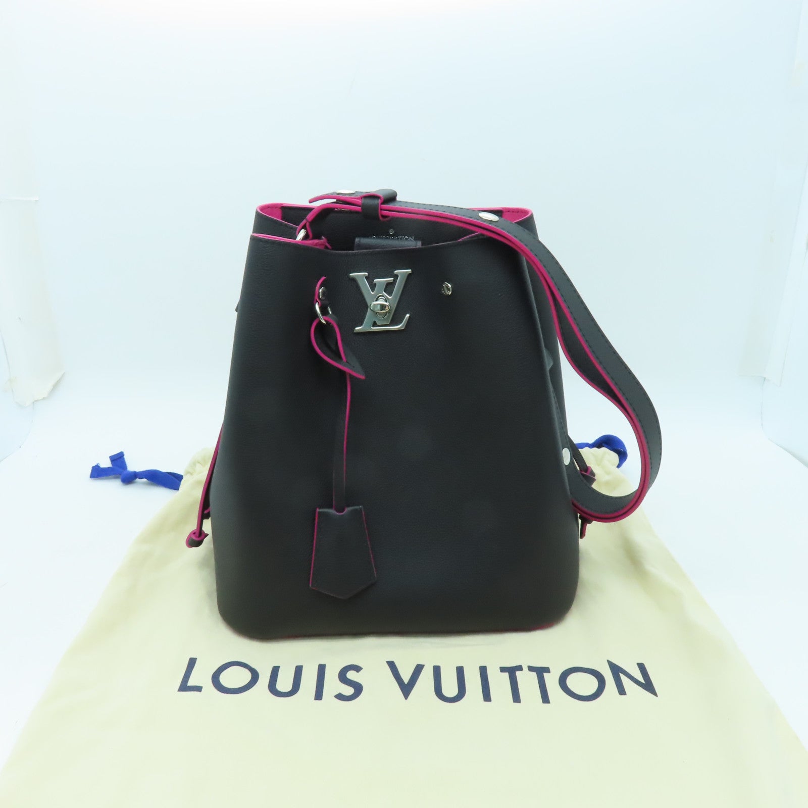 LOUIS VUITTON 牛皮皮革Lockme Bucket銀扣肩背袋黑色/粉紅色
