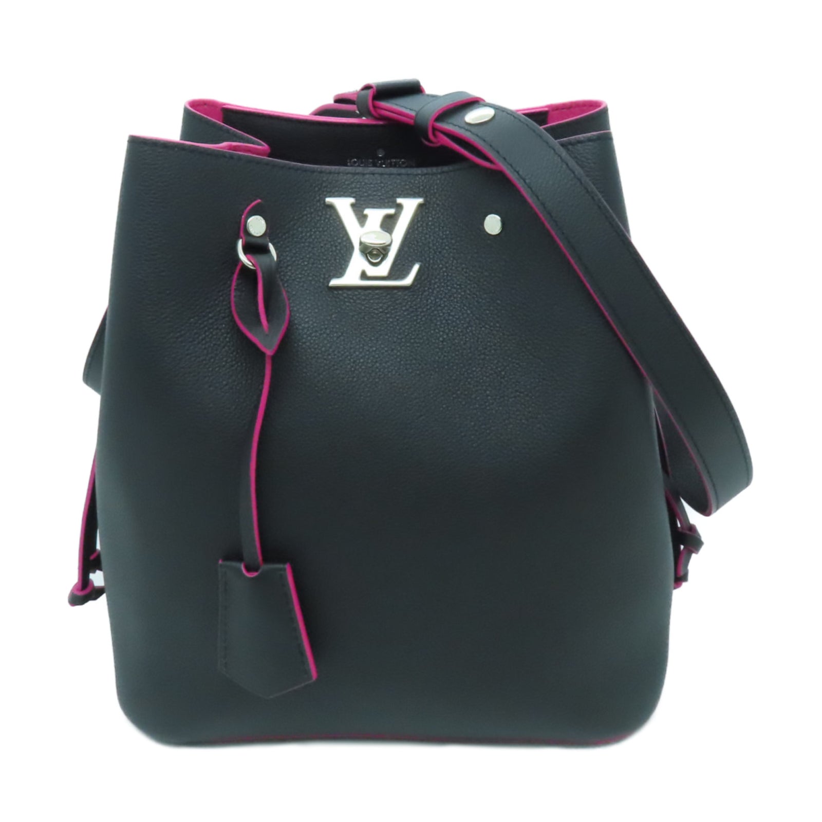 LOUIS VUITTON 牛皮皮革Lockme Bucket銀扣肩背袋黑色/粉紅色