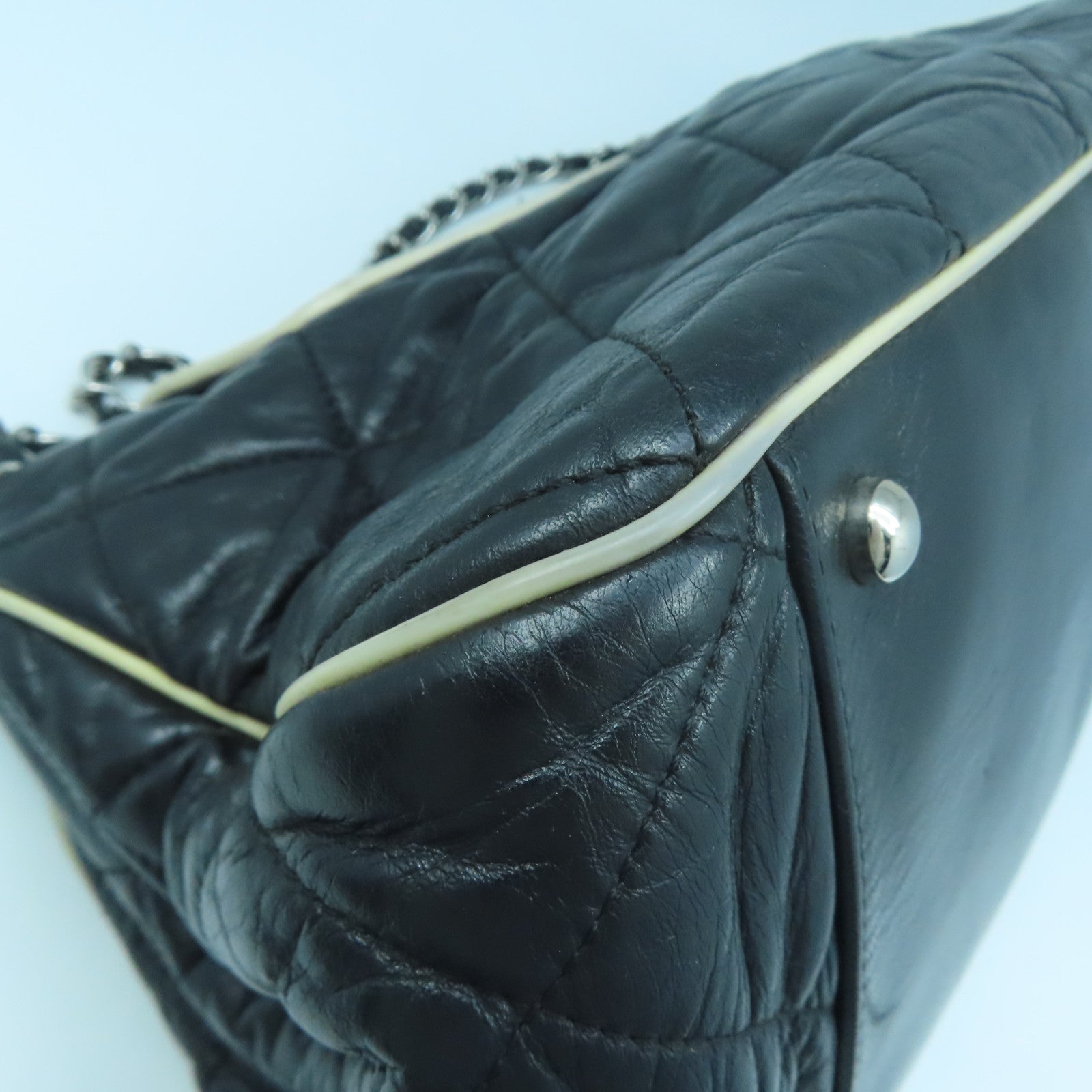 CHANEL 菱格羊皮皮革Chain Shoulder Bag銀扣鏈帶肩背袋黑色
