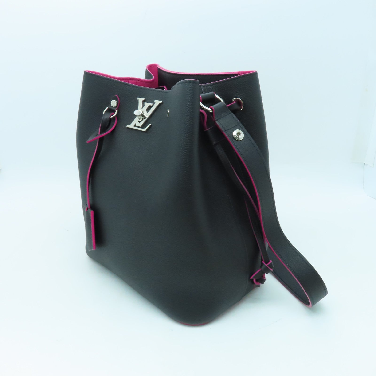 LOUIS VUITTON 牛皮皮革Lockme Bucket銀扣肩背袋黑色/粉紅色