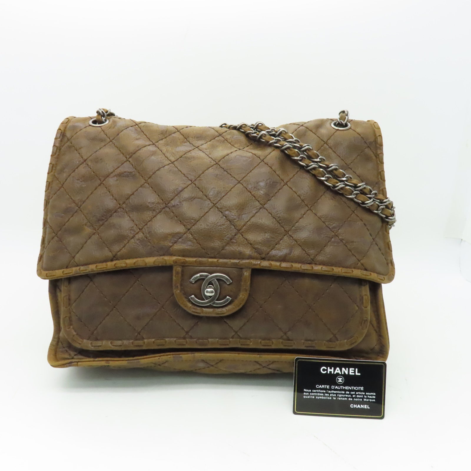 CHANEL 菱格牛皮皮革Chain Shoulder銀扣鏈帶肩背袋啡色