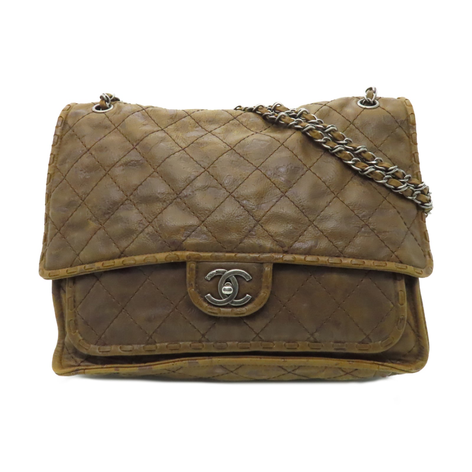 CHANEL 菱格牛皮皮革Chain Shoulder銀扣鏈帶肩背袋啡色