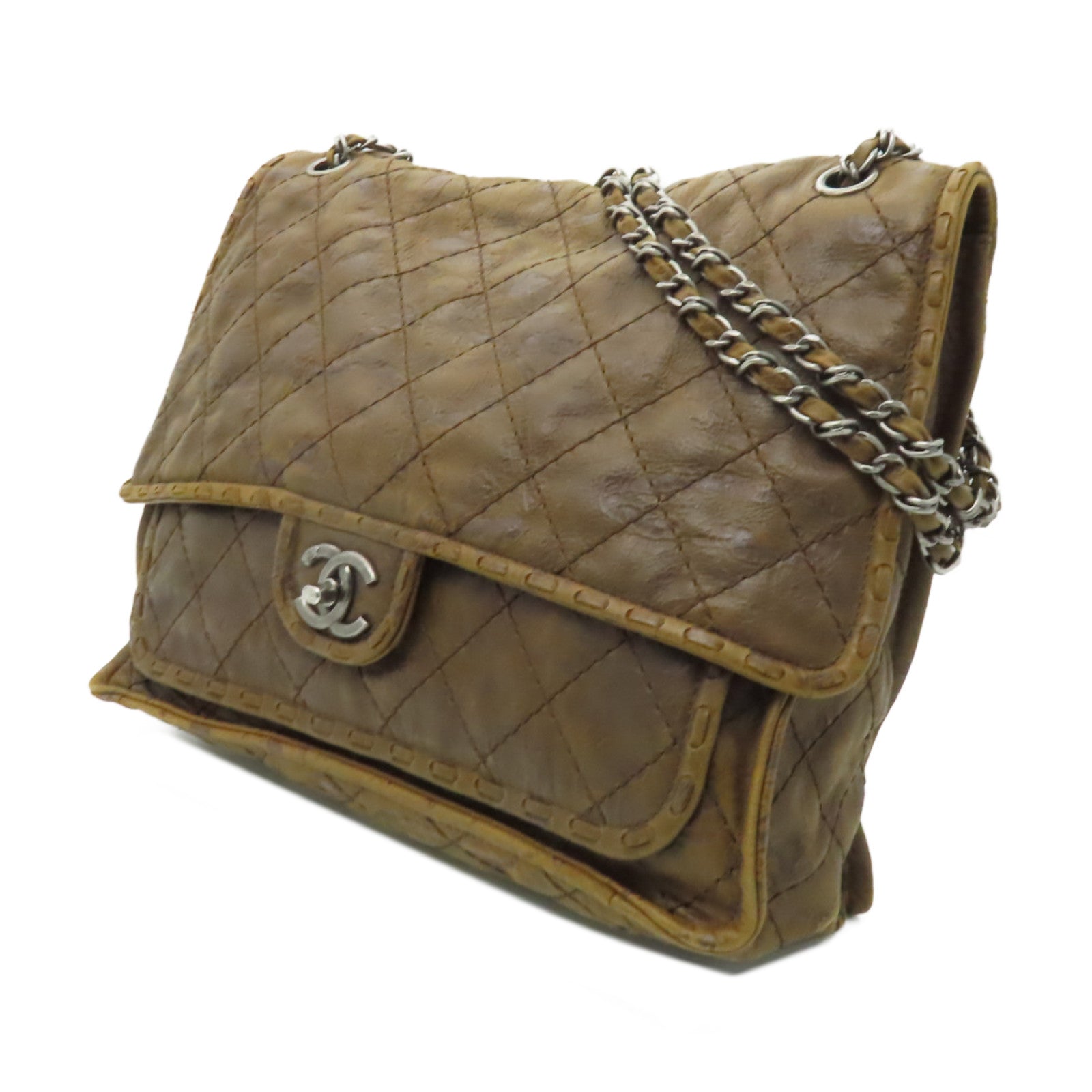 CHANEL 菱格牛皮皮革Chain Shoulder銀扣鏈帶肩背袋啡色
