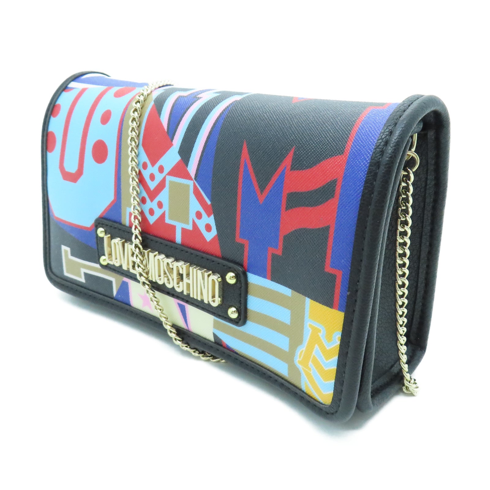 MOSCHINO 塗層帆布Shoulder Bag金扣鏈帶肩背袋黑色/彩色