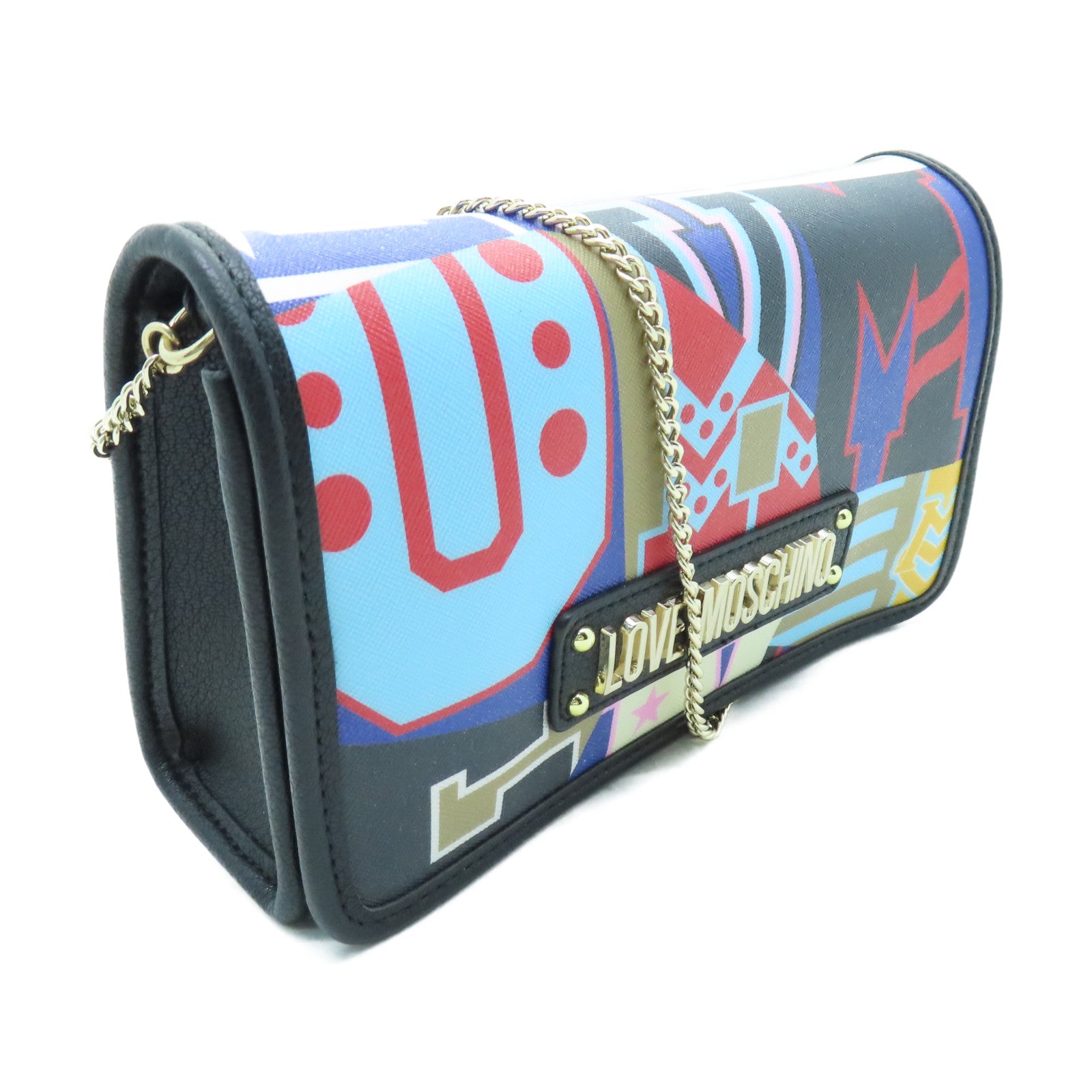 MOSCHINO 塗層帆布Shoulder Bag金扣鏈帶肩背袋黑色/彩色
