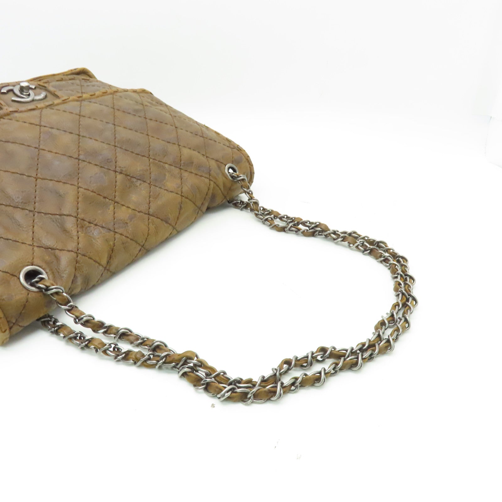 CHANEL 菱格牛皮皮革Chain Shoulder銀扣鏈帶肩背袋啡色