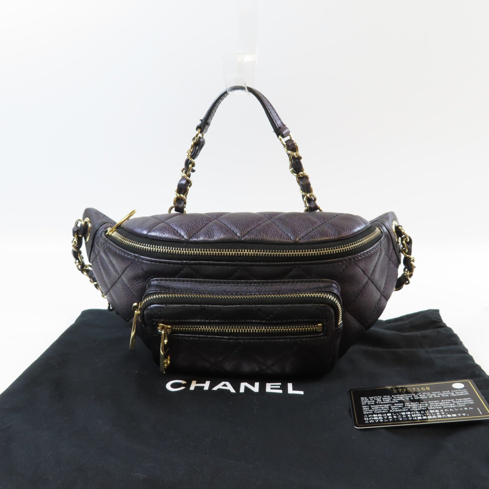 CHANEL 菱格牛皮皮革Waist Bag金扣腰包深紫色
