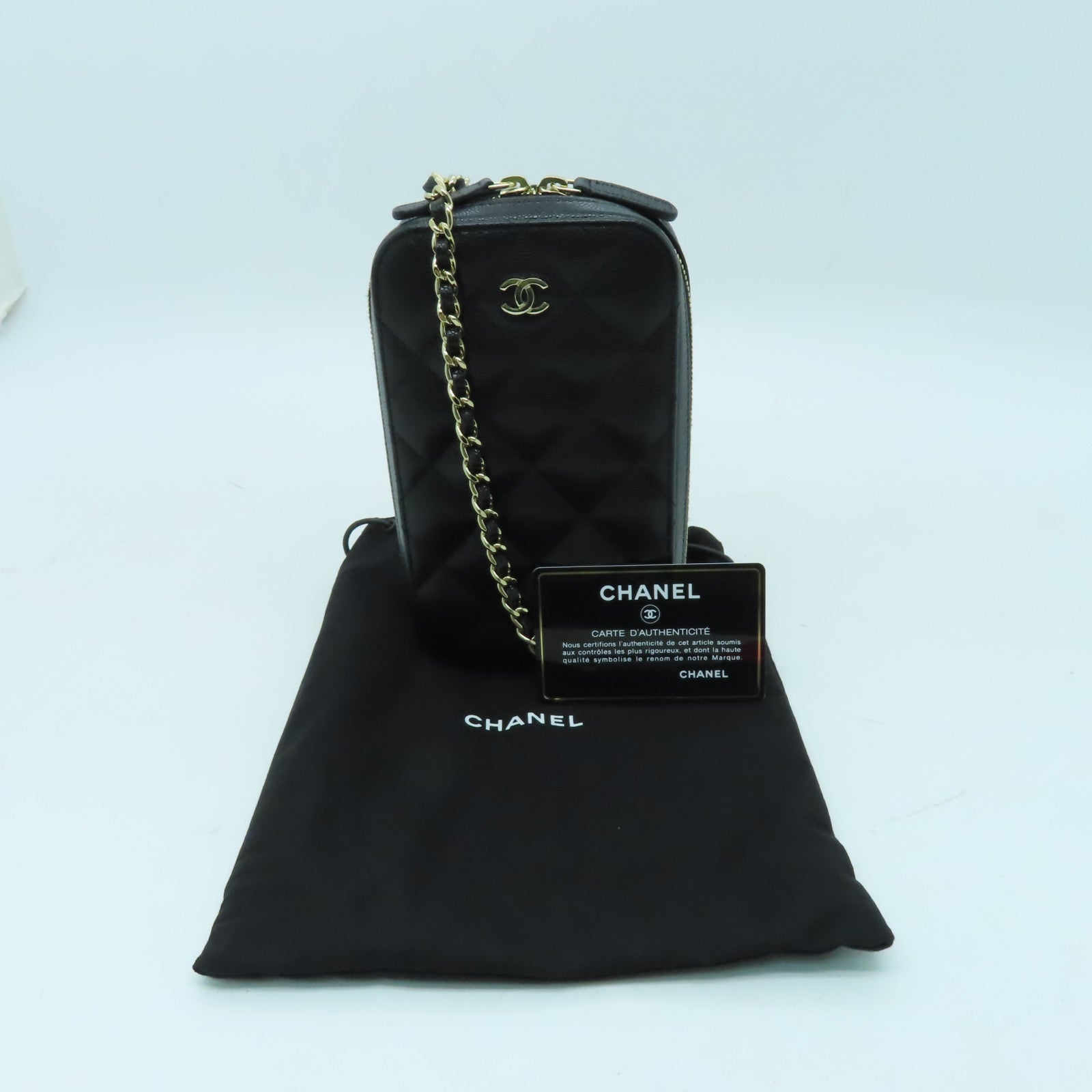 CHANEL 菱格Caviar皮革Chain Shoulder金扣鏈帶肩背袋黑色