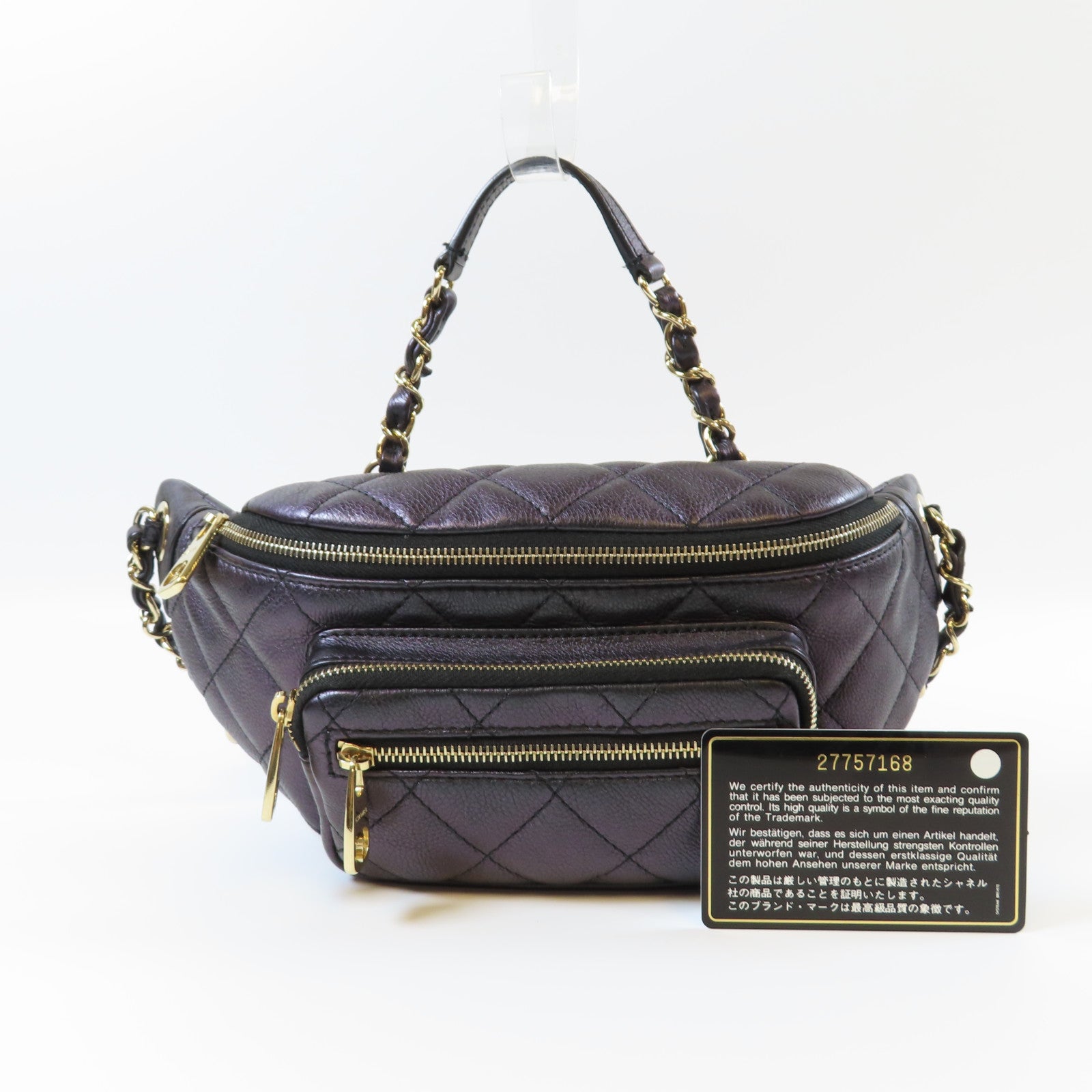 CHANEL 菱格牛皮皮革Waist Bag金扣腰包深紫色