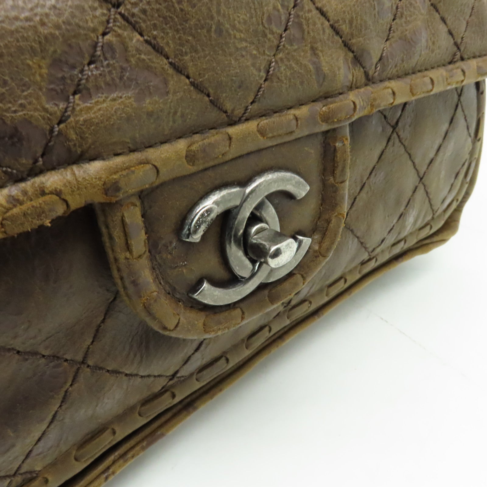 CHANEL 菱格牛皮皮革Chain Shoulder銀扣鏈帶肩背袋啡色