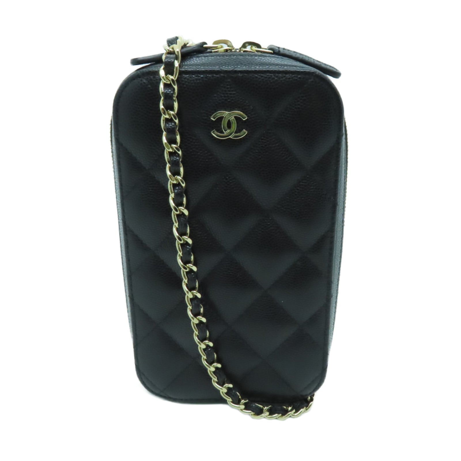 CHANEL 菱格Caviar皮革Chain Shoulder金扣鏈帶肩背袋黑色