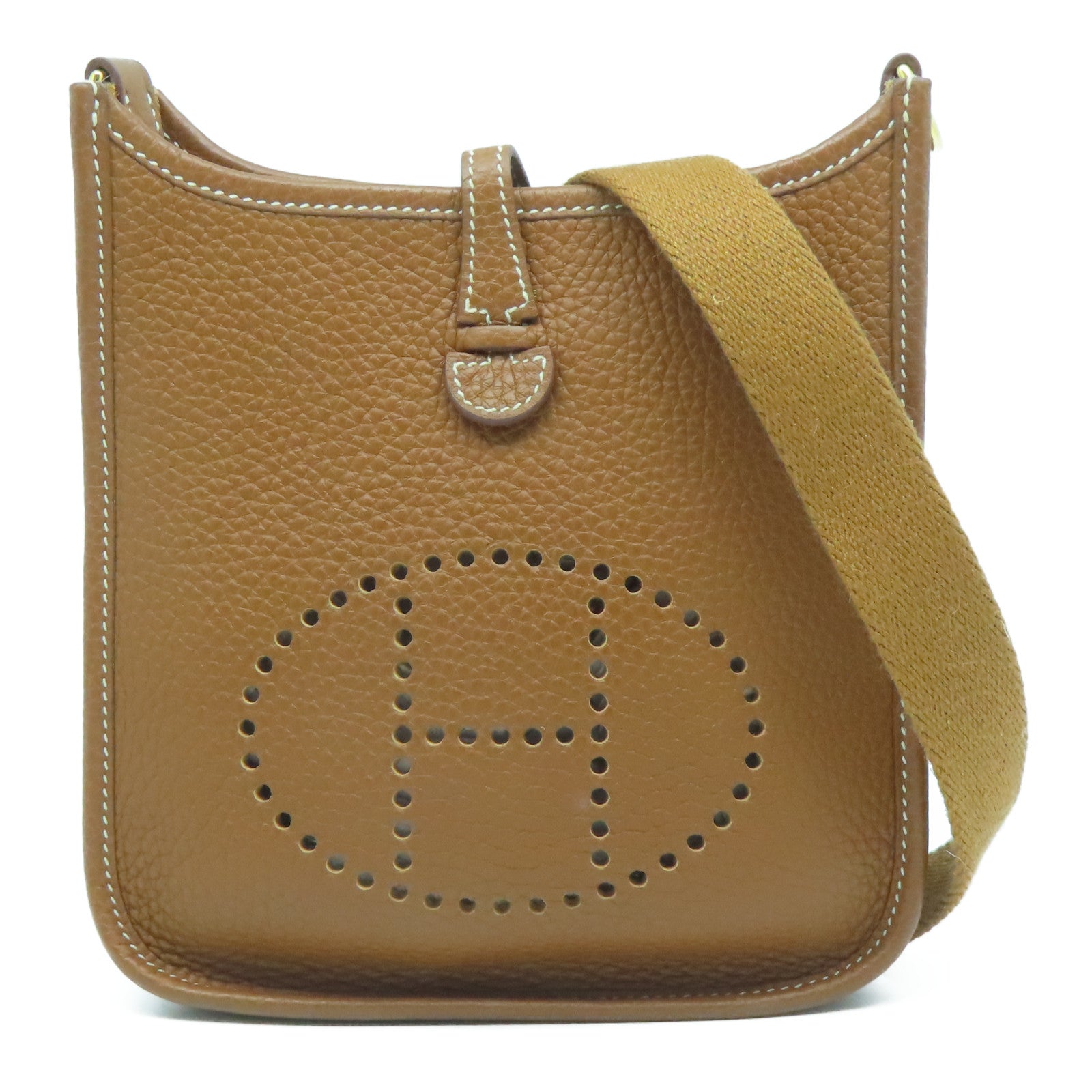 HERMES Clemence皮革Evelyne TPM金扣肩背袋Gold經典駝色
