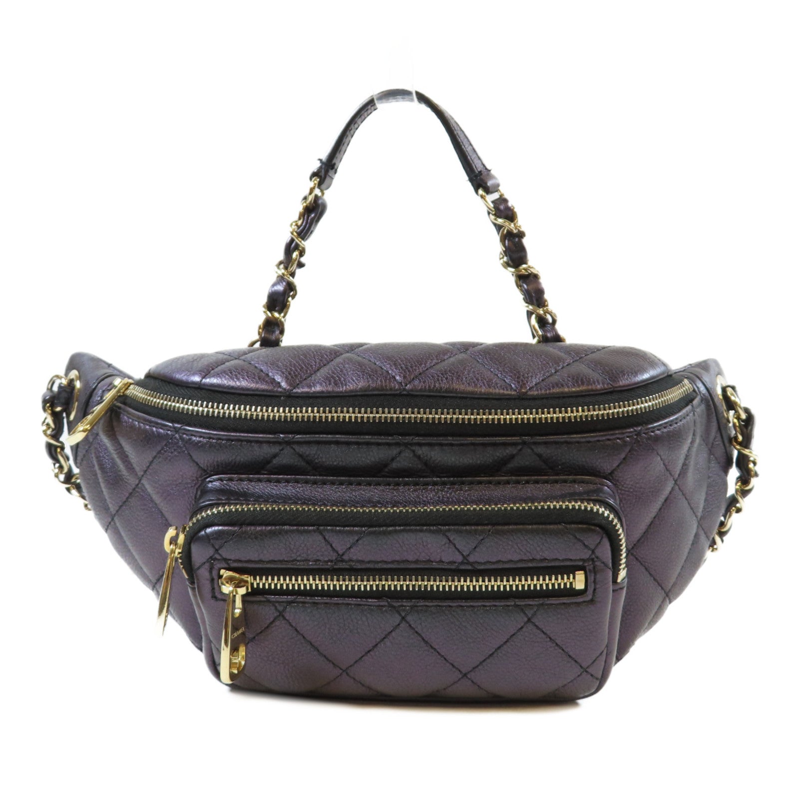 CHANEL 菱格牛皮皮革Waist Bag金扣腰包深紫色