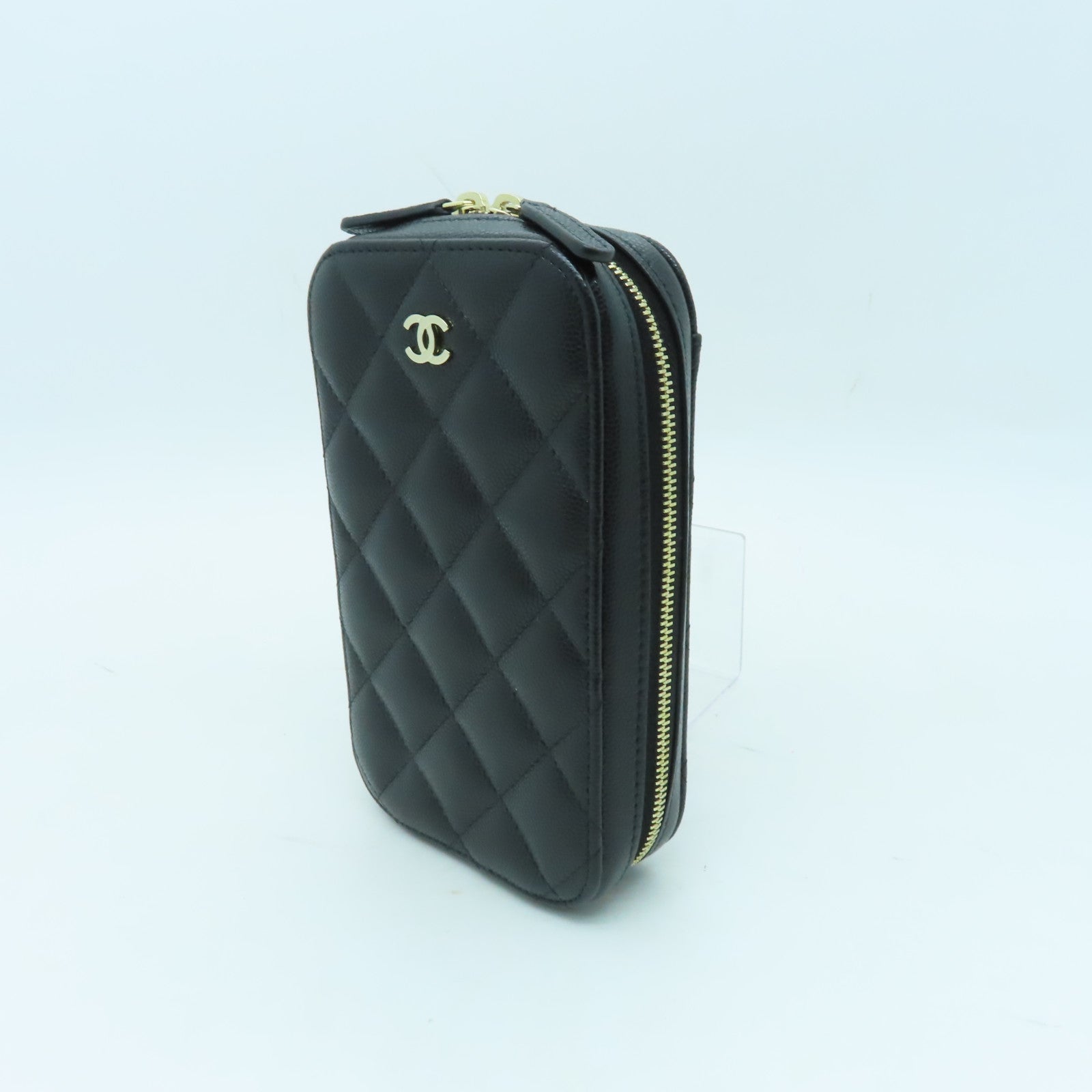 CHANEL 菱格Caviar皮革Chain Shoulder金扣鏈帶肩背袋黑色