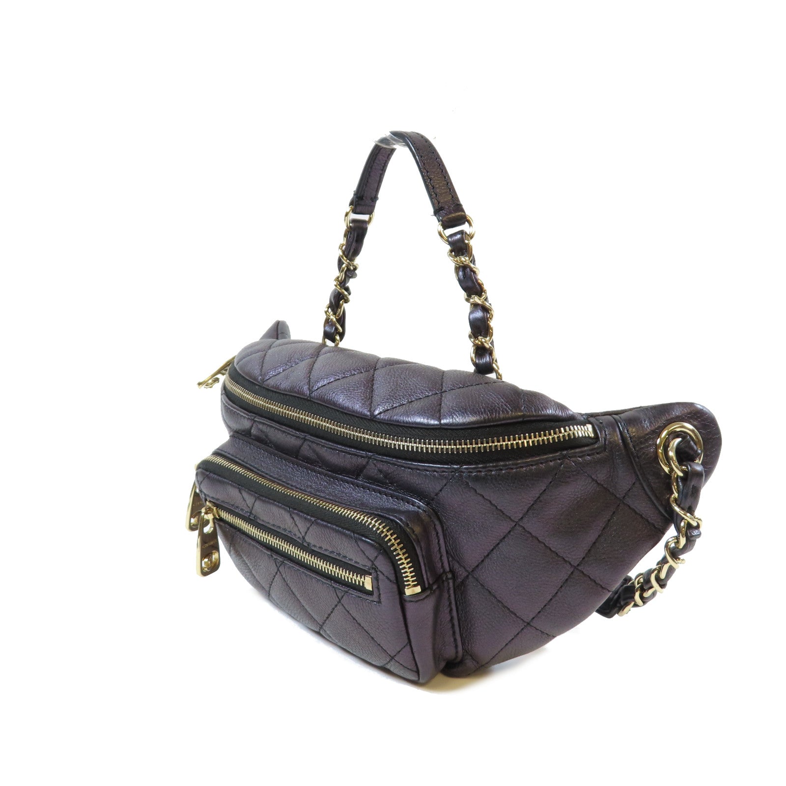 CHANEL 菱格牛皮皮革Waist Bag金扣腰包深紫色