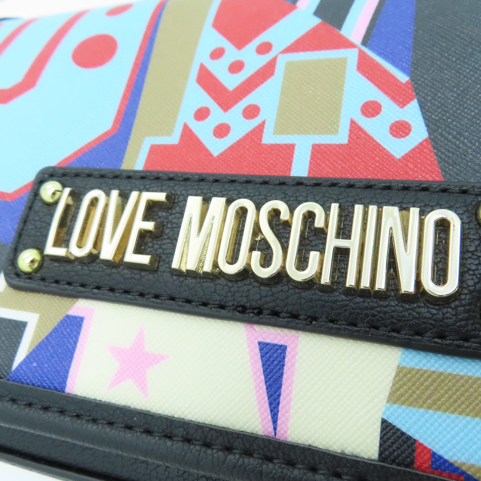 MOSCHINO 塗層帆布Shoulder Bag金扣鏈帶肩背袋黑色/彩色