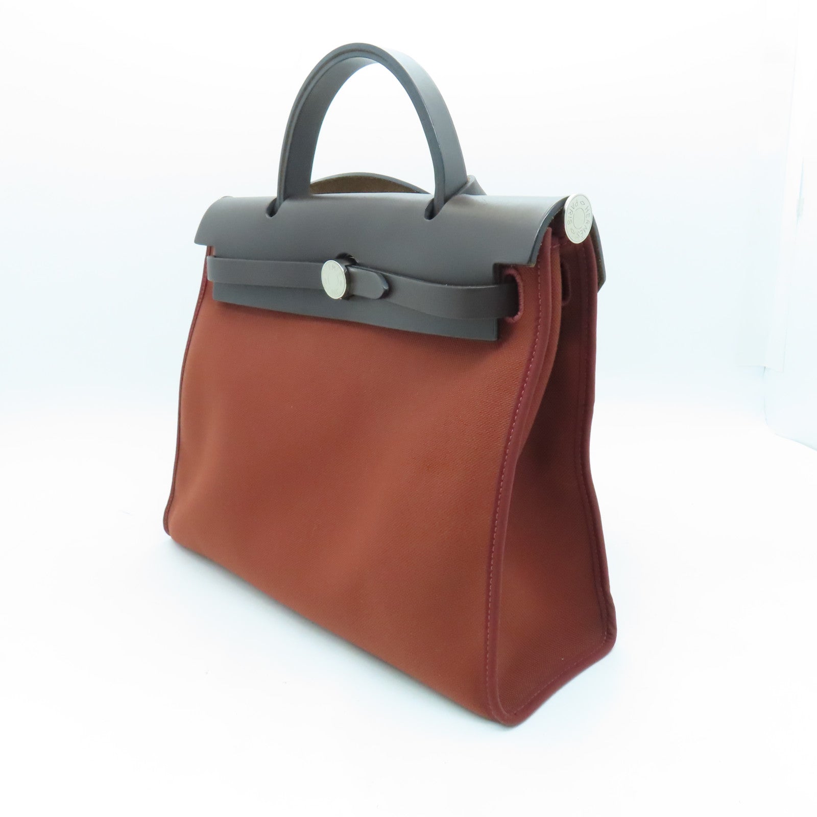 HERMES 帆布Herbag PM銀扣手挽肩背兩用袋紅磚色/棕色