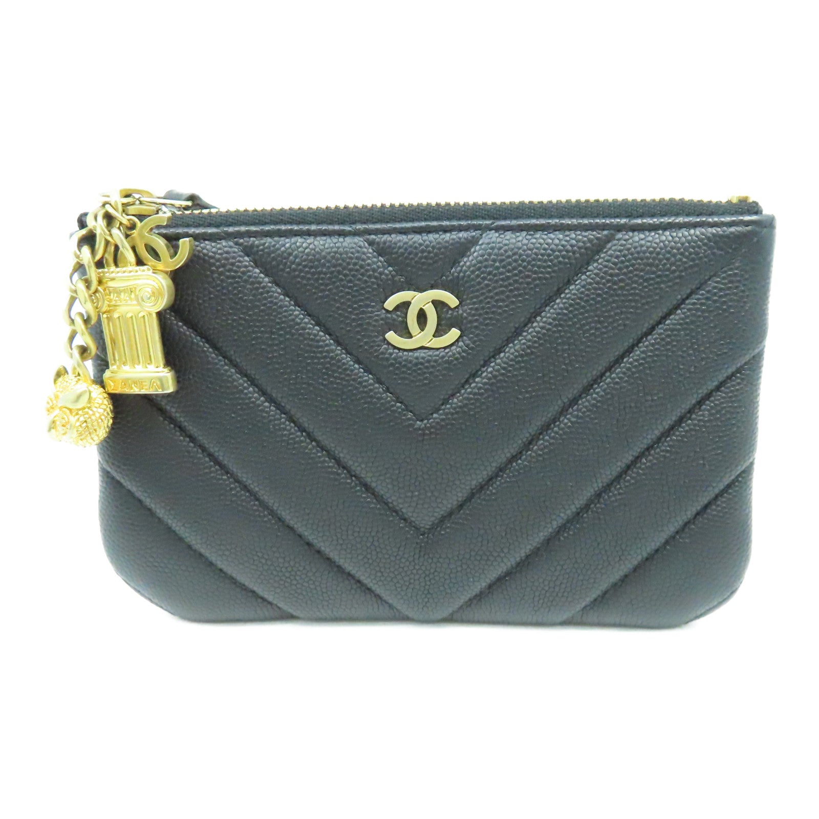 CHANEL 斜紋Caviar皮革Pouch金扣手拿包黑色