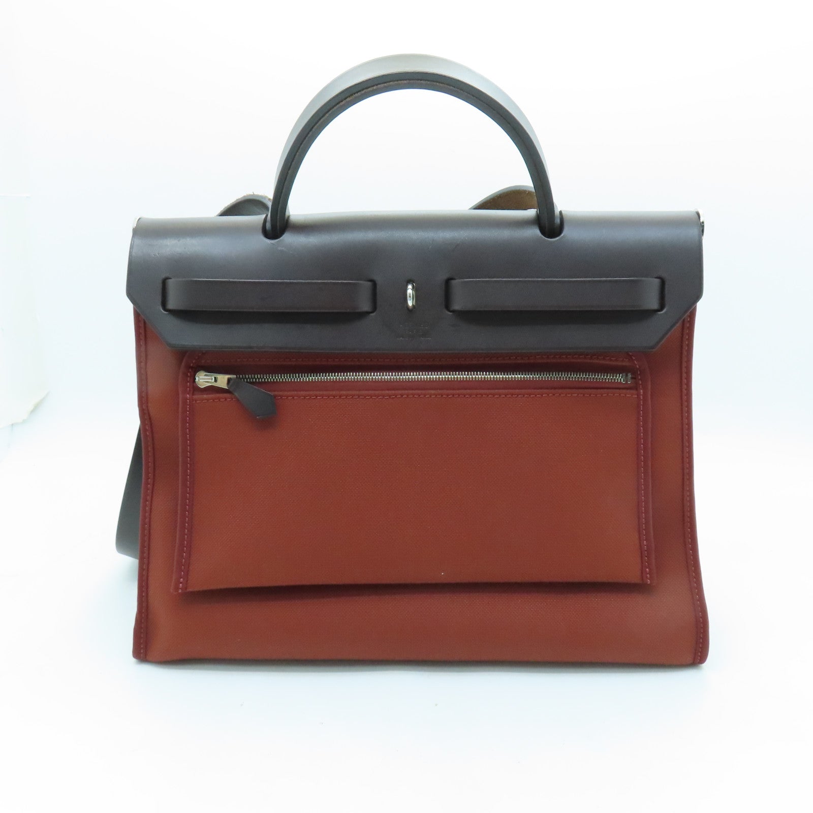 HERMES 帆布Herbag PM銀扣手挽肩背兩用袋紅磚色/棕色