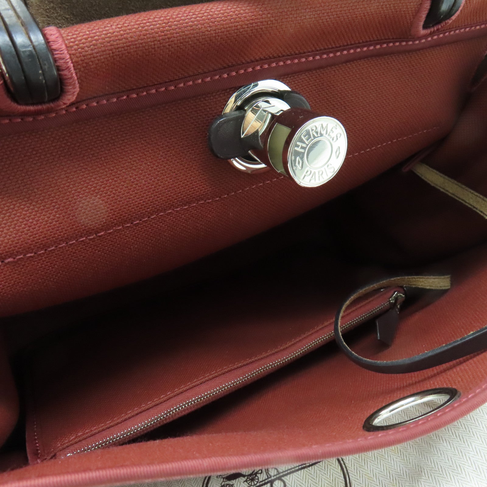 HERMES 帆布Herbag PM銀扣手挽肩背兩用袋紅磚色/棕色