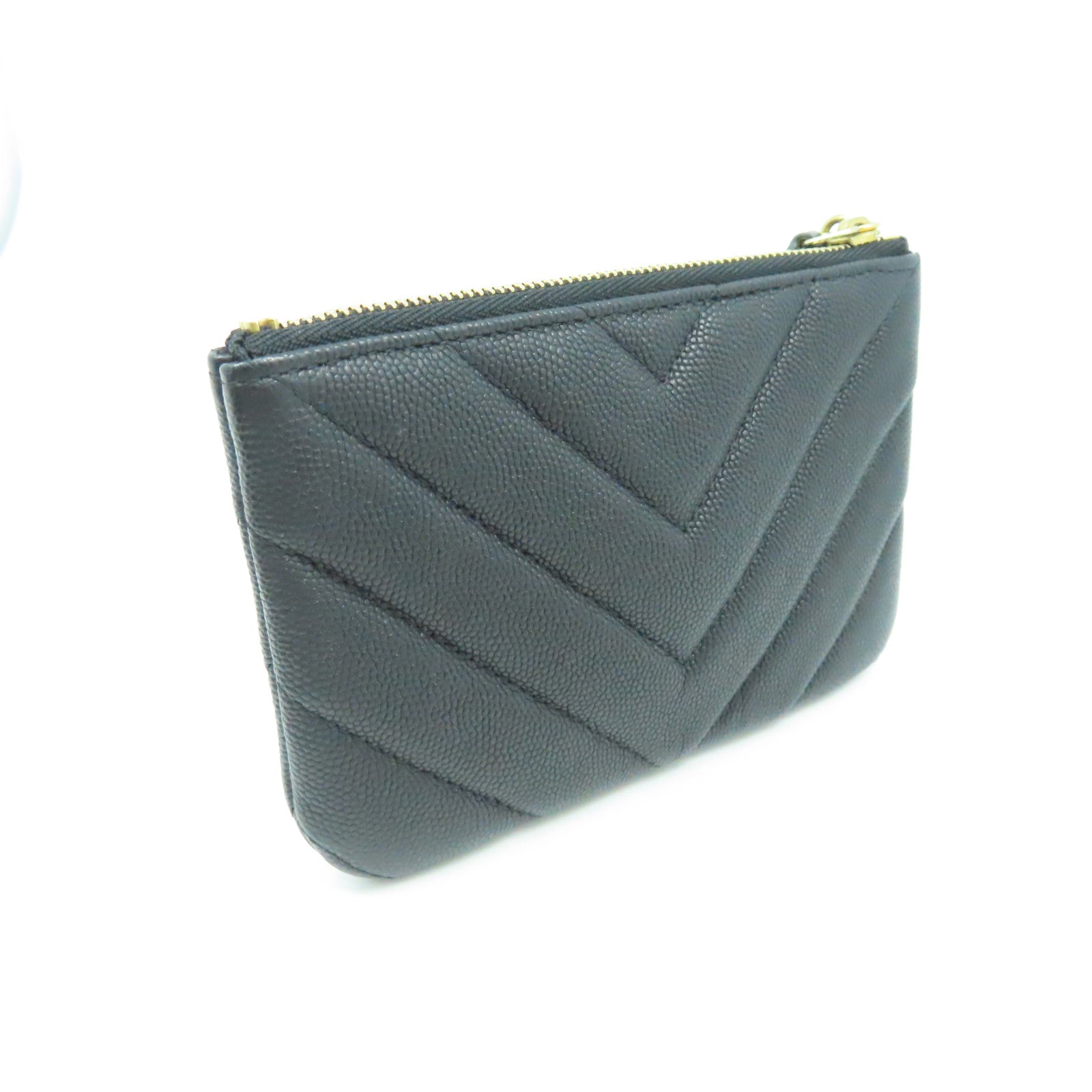 CHANEL 斜紋Caviar皮革Pouch金扣手拿包黑色